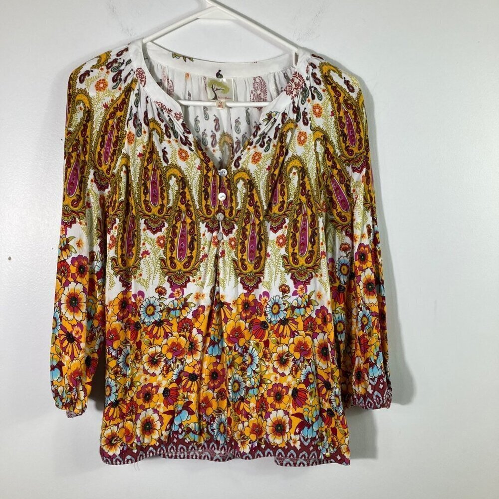 Womens‎ Fig & Flower 3/4 Sleeve Peasant Boho Top S